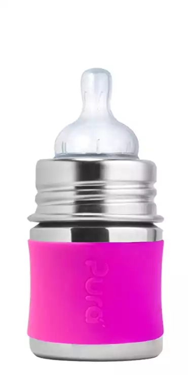 Pura Kiki 5oz/150ml Stainless Steel Anti-Colic Infant Bottle w/ Silicone Natural Vent Nipple & Sleeve, 100% Plastic-Free, MadeSafe Certified, Medical-Grade Silicone - Pink
