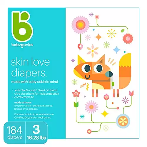 Baby Diapers, Size 3 (16-28 lbs) 184 Count- Babyganics Ultra Absorbent, Unscented, Made without Chlorine, Latex