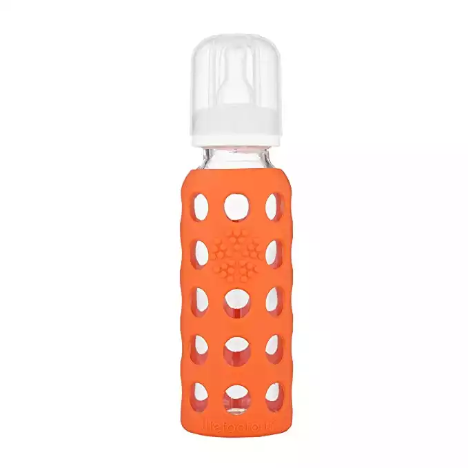 Lifefactory 9-Ounce Glass Baby Bottle with Stage 2 Nipple and Protective Silicone Sleeve, Papaya