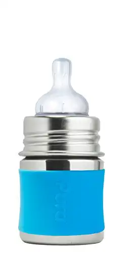 Pura Kiki 5oz/150ml Stainless Steel Anti-Colic Infant Bottle w/Silicone Natural Vent Nipple & Sleeve, 100% Plastic-Free, MadeSafe Certified, Medical-Grade Silicone - Aqua
